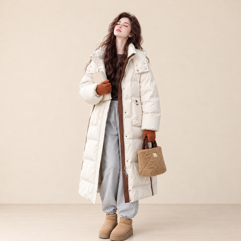 Lum Off-White Hooded Long down Jacket for Women, New Winter Korean Style Loose-Fitting Over-The-Knee Thickened Coat