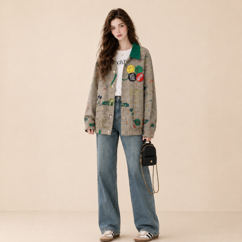 Lum Retro Color-Blocked Plaid Graffiti Print Short Jacket for Women, New Autumn Style, Loose Casual Versatile Jacket Top Lum Retro Color-Blocked Plaid Graffiti Print Short Jacket for Women, New Autumn Style, Loose Casual Versatile Jacket Top