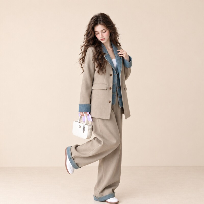 Old Money Style Denim Patchwork Blazer and Wide-Leg Pants Set for Women, New Autumn Casual Two-Piece Set, Cool and Edgy