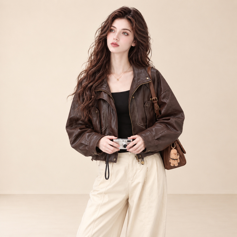 Lum Maillard Coffee-Colored Short Leather Jacket for Women, New Autumn Style, High-End Cool and Stylish Biker Pu Leather Jacket