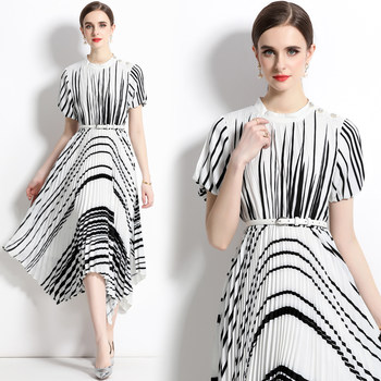 2023 French-style black and white color-block temperament button-down striped print irregular pleated dress commuting