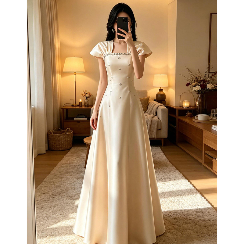 French-Style Evening Dress 2026 New Model, High-End Feel, Suitable for Hosts, High School Graduation Ceremony, Elegant and Graceful, Satin, Light Luxury, Niche