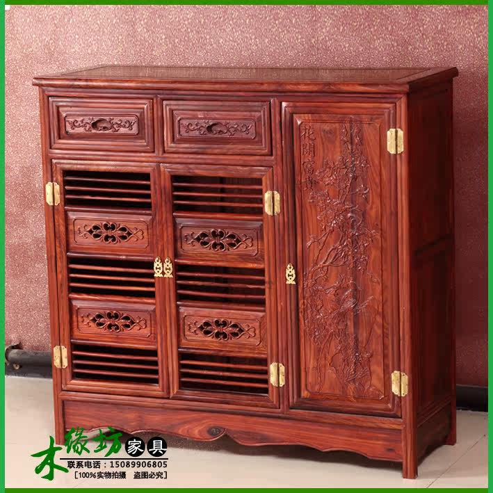 Small leaf red sandalwood three-door shoe cabinet Solid wood antique shoe cabinet mahogany shoe rack shelf manufacturer direct sales