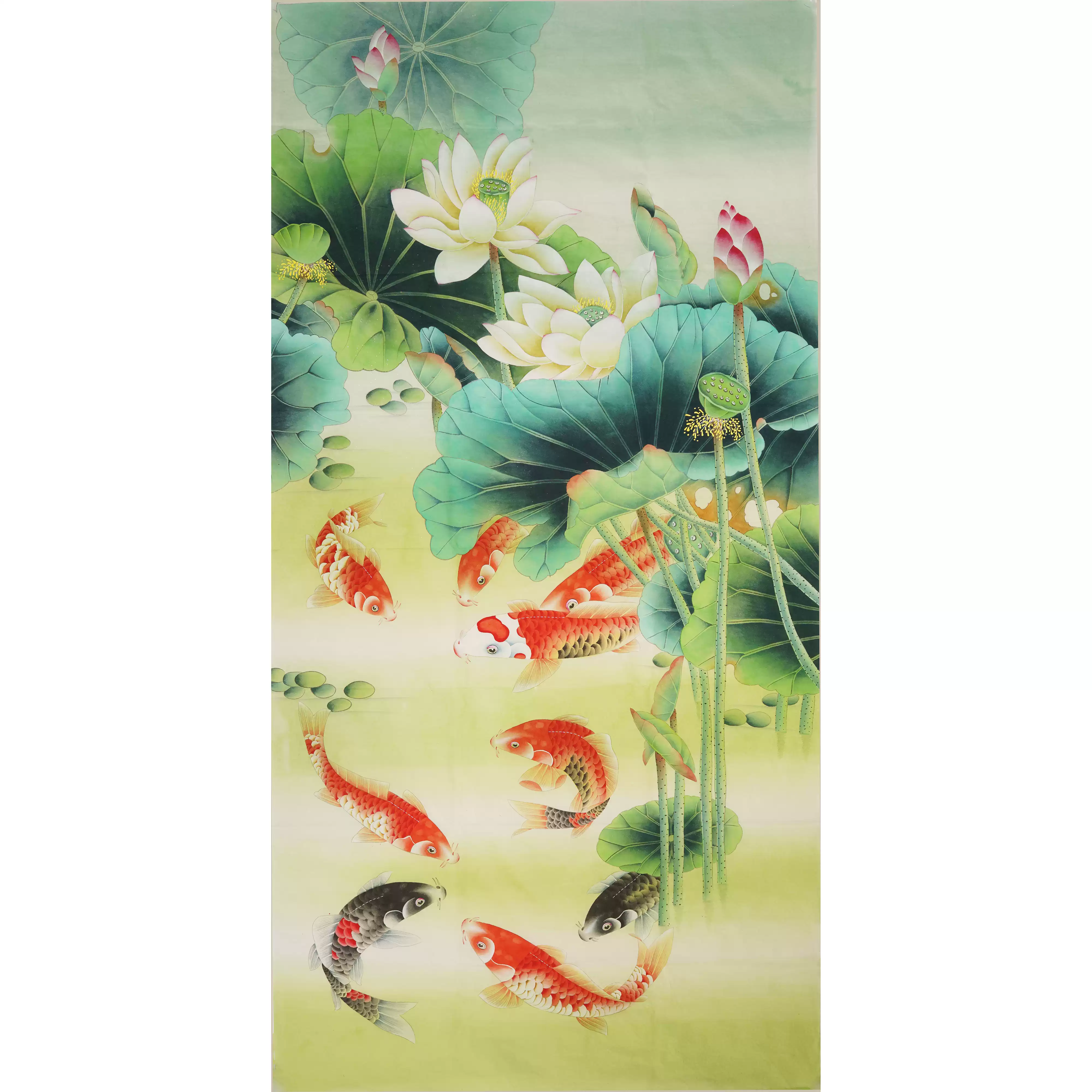 純手繪工筆荷花九魚圖中式國畫裝裱畫新中式裝飾畫136