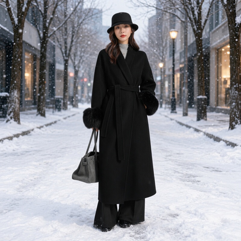 Fox Fur Black Double-Sided Cashmere Coat for Women, Mid-Length Bathrobe Style, Elegant Hepburn Style Woolen Coat with Tie Fox Fur Black Double-Sided Cashmere Coat for Women, Mid-Length Bathrobe Style, Elegant Hepburn Style Woolen Coat with Tie
