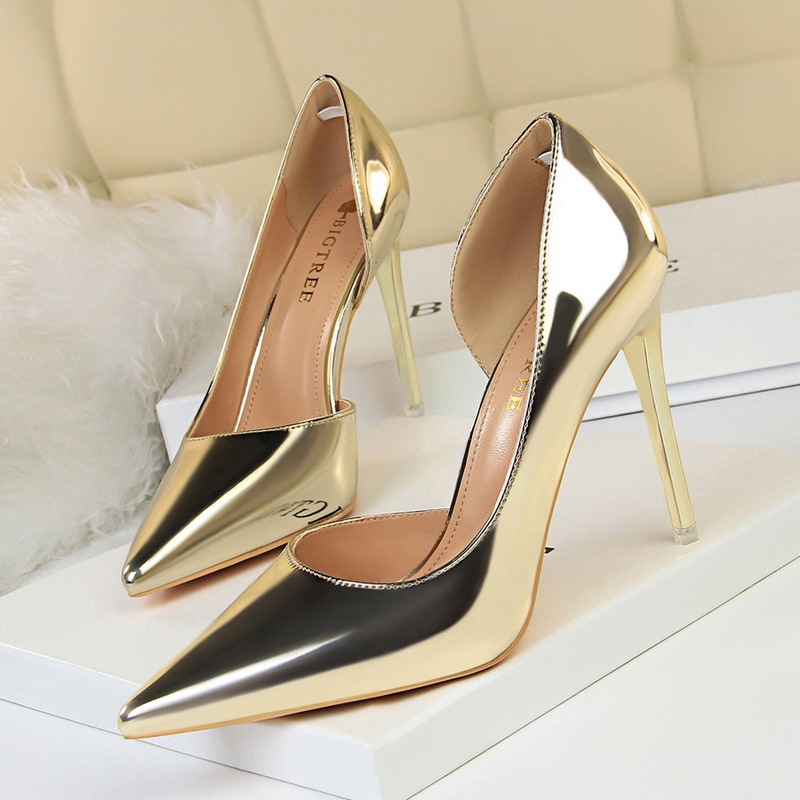 18188-1 European and American Style High Heels, Simple Stiletto Heels, Metal Heels, Shallow Mouth, Pointed Toe, Side Cutout, Sexy Single Shoes