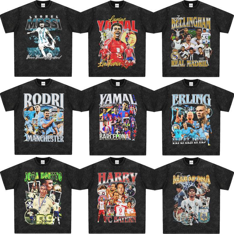 Football Star T-Shirt Ronaldo Messi Maradona Ronaldo Bellingham American-Style Short-Sleeved Washed Cotton Football Star T-Shirt Ronaldo Messi Maradona Ronaldo Bellingham American-Style Short-Sleeved Washed Cotton