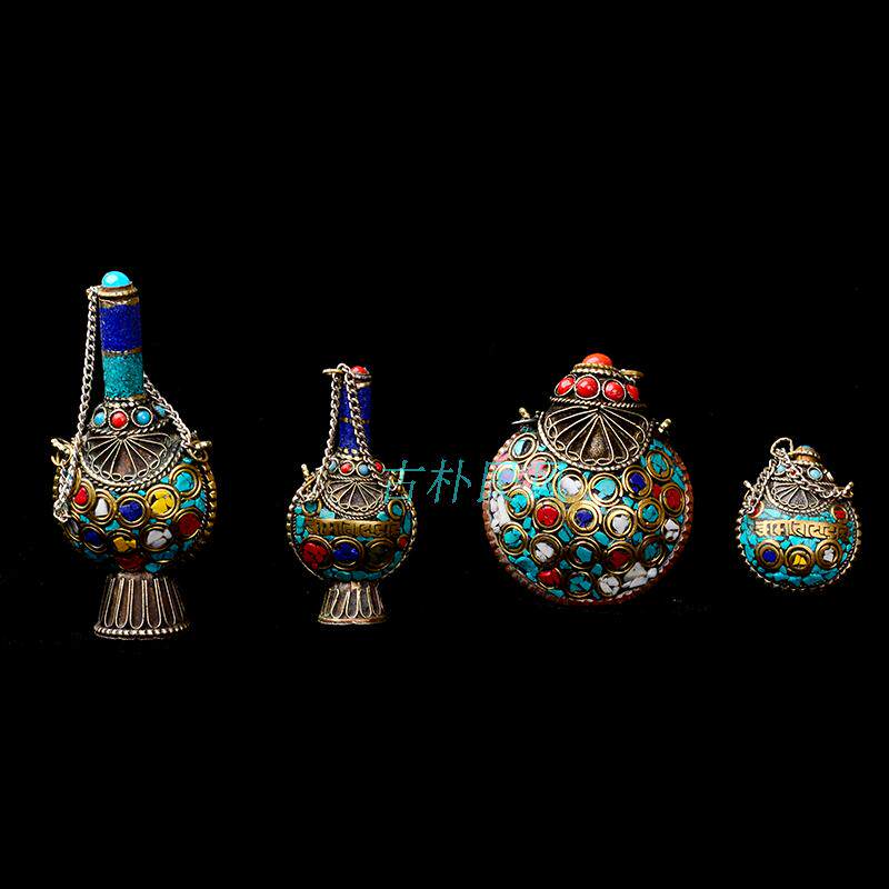Tibetan featured personality heterodomain pure handmade Nepali brass inlaid stone jewel nose smoke pot flat round small number hanging decoration