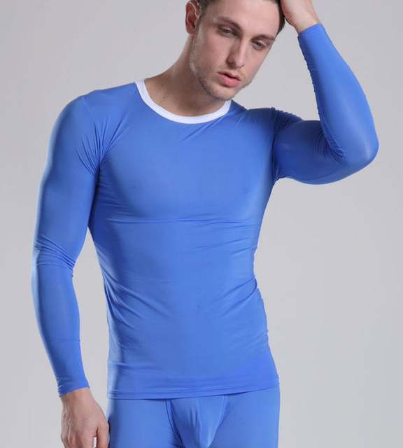 Men's sexy ultra-thin summer autumn clothes, ice silk underwear, silky long-sleeved bottoming shirts, tops, pajamas, home clothes