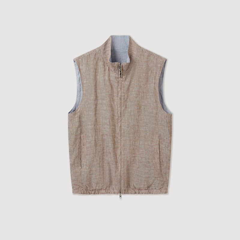 Riches Maitine Lp Same Style 100% Rain Dew Linen Double Zipper Stand Collar Reversible Vest
