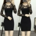 Mùa thu mới ren đen gợi cảm váy nữ Slim lưới dài gạc khâu hông dài tay áo chạm đáy
