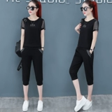 Летняя шифоновая летняя одежда, тонкий спортивный костюм для отдыха, штаны, для бега, короткий рукав