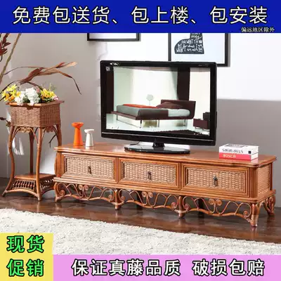 Real vine wood TV cabinet one meter eight Rattan woven floor Cabinet two meters Vine short cabinet Indonesian rattan art living room solid wood TV cabinet
