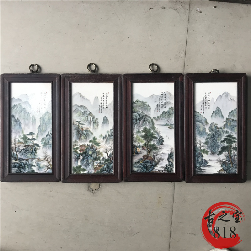 Jingdezhen porcelain plate painting four screen bedroom decoration painting old ceramic hanging solid wooden frame ancient painting simple