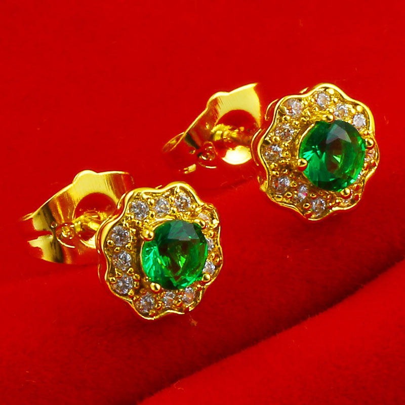 Gold stud 9999 gold women men's ruby emerald earrings color treasure set with crystal for lovers