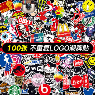 100 fashionable brand logo suitcase stickers waterproof European and American brand suitcase personalized laptop stickers decorative guitar skateboard trolley box decorative drawing male and female electric car stickers