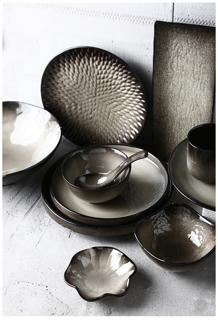 Retro restaurant, Japanese hotel, kitchen, home Black Mist series ceramic tableware set, plates, bowls and dishes pic 8