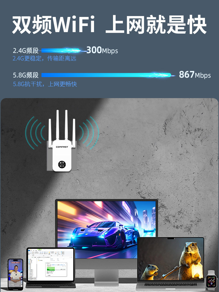 Comfast Cf-Wr761Ac Wireless Wifi Signal Extender 5g Dual-Band Signal Booster Amplifier Repeater 1200m Enhanced Reception Expansion Bridge Gigabit Wireless Router