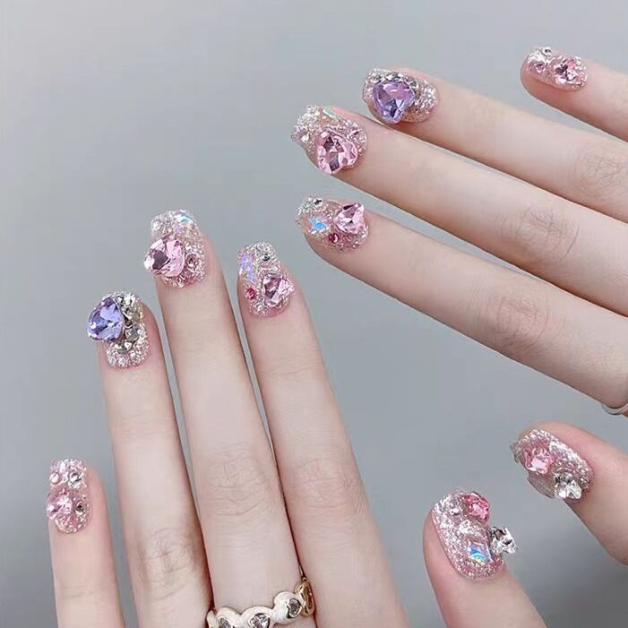 Short Style Wearable Nails, Detachable Wearable Manicure, 10-Piece Set, Handmade Wearable Nails, Full of Rhinestones, Glittering Nail Art