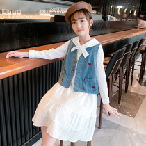 Girl spring and autumn denim vest dress two-piece set 2021 New Girls