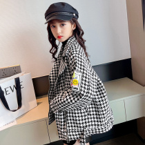 2021 Girls Autumn and Winter Clothing Thousand Bird Grib Coat Coat Little Girl Baby Korean version of foreign jacket coat thickened