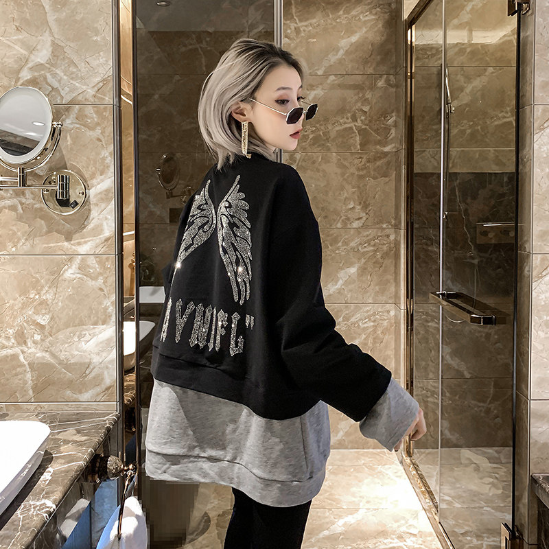 Fake two-piece sweater women's 2023 spring new European station heavy industry wings hot drill Korean version loose pullover top tide