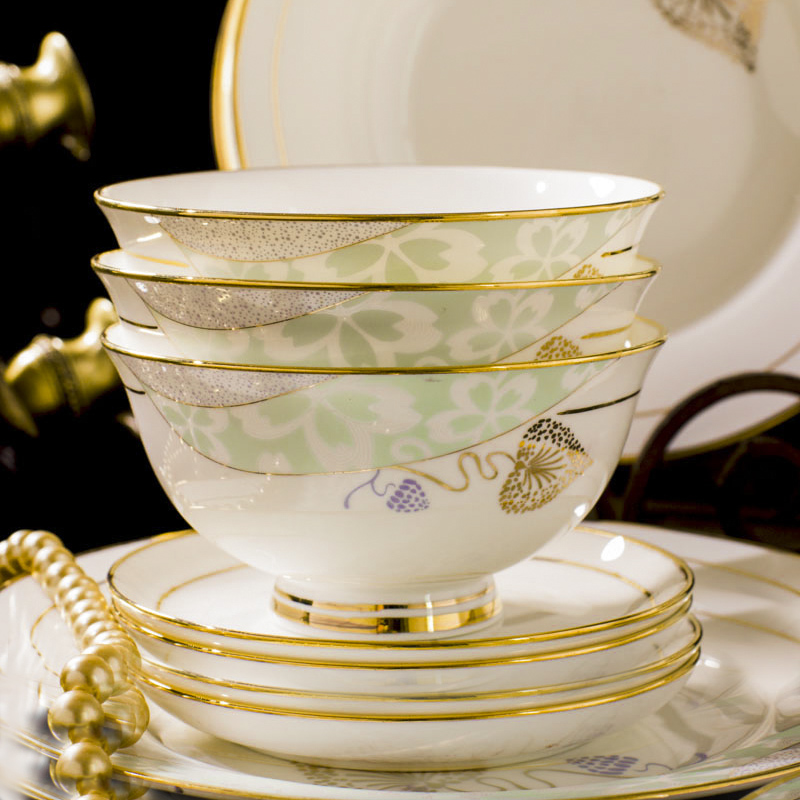 Jingdezhen ceramic gold edge tableware bowl spoon 60 head set household bowl plate set bone china bowl chopsticks hand-painted gold