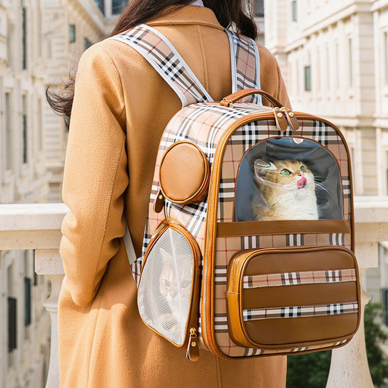 Pet plaid cat bag go out portable breathable large-capacity retro leather foldable small and medium-sized dog shoulders