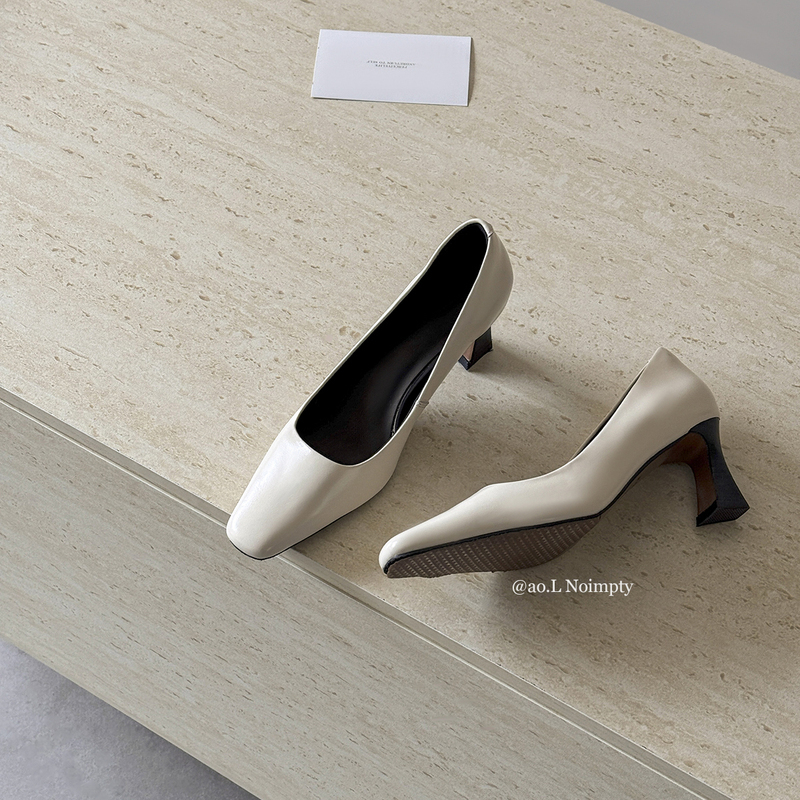 6.5cm Cowhide French-Style Simple Square-Toe Chunky Heel Shallow Slip-On Shoes, Fashionable and Elegant High Heels for Women