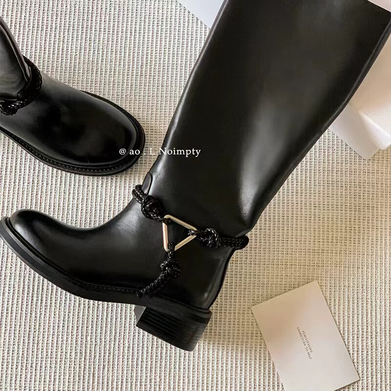 5cm Cowhide Thick Heel Belt Buckle Knight Boots Women's Mid-Low Heel Long Boots Pointed Toe Slimming Long Boots