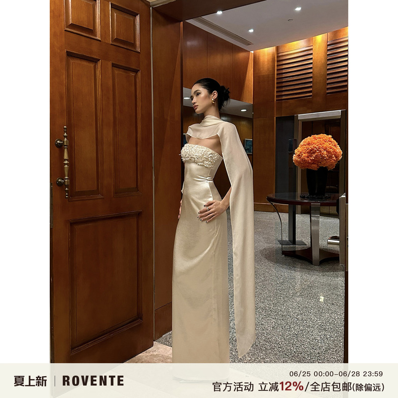 Rovente Flowing Feast White Strapless Dress Women's Slim Fit Shawl Sequin Celebrity Gown Long Dress Rovente Flowing Feast White Strapless Dress Women's Slim Fit Shawl Sequin Celebrity Gown Long Dress