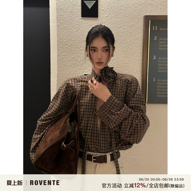 Rovente Film-Style Design Plaid Shirt for Women, Retro Casual Long-Sleeve Ribbon Brown Shirt Jacket Rovente Film-Style Design Plaid Shirt for Women, Retro Casual Long-Sleeve Ribbon Brown Shirt Jacket