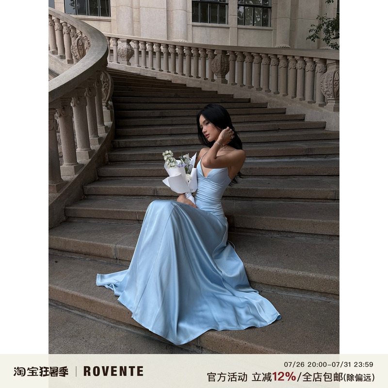 Rovente Filoli Manor Blue French-Style Spaghetti Strap Dress for Women, Summer Slim-Fit Waist-Cinching Birthday Dress, Long Dress