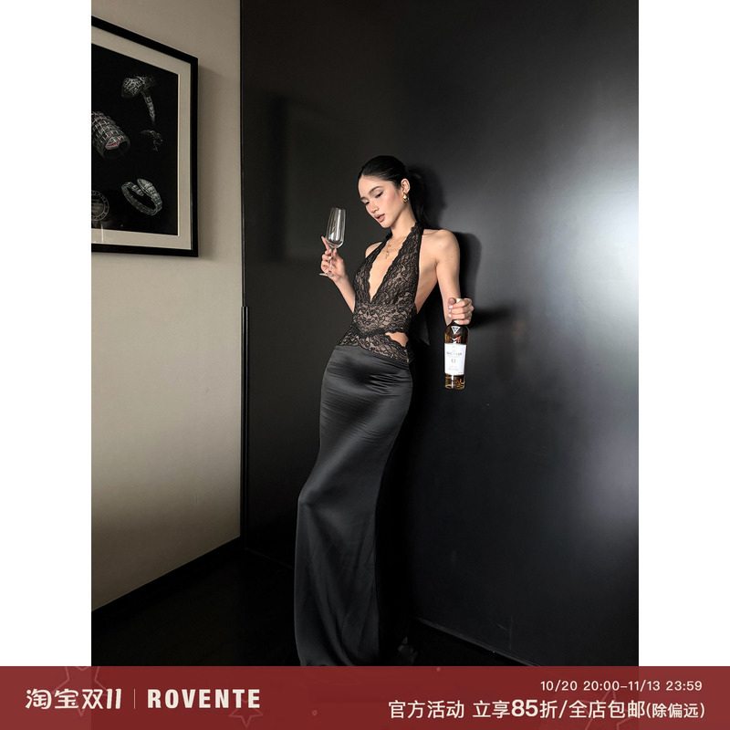 Rovente Night Banquet Dark Tide Black V-Neck Halter Lace Acetate Dress Women's Birthday Engagement Dress Long Dress