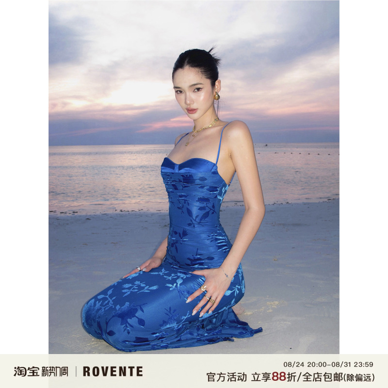 Rovente Blue Sea Venus Holiday Print Slim-Fit Bodycon Spaghetti Strap Dress Summer Birthday Dress Long Dress