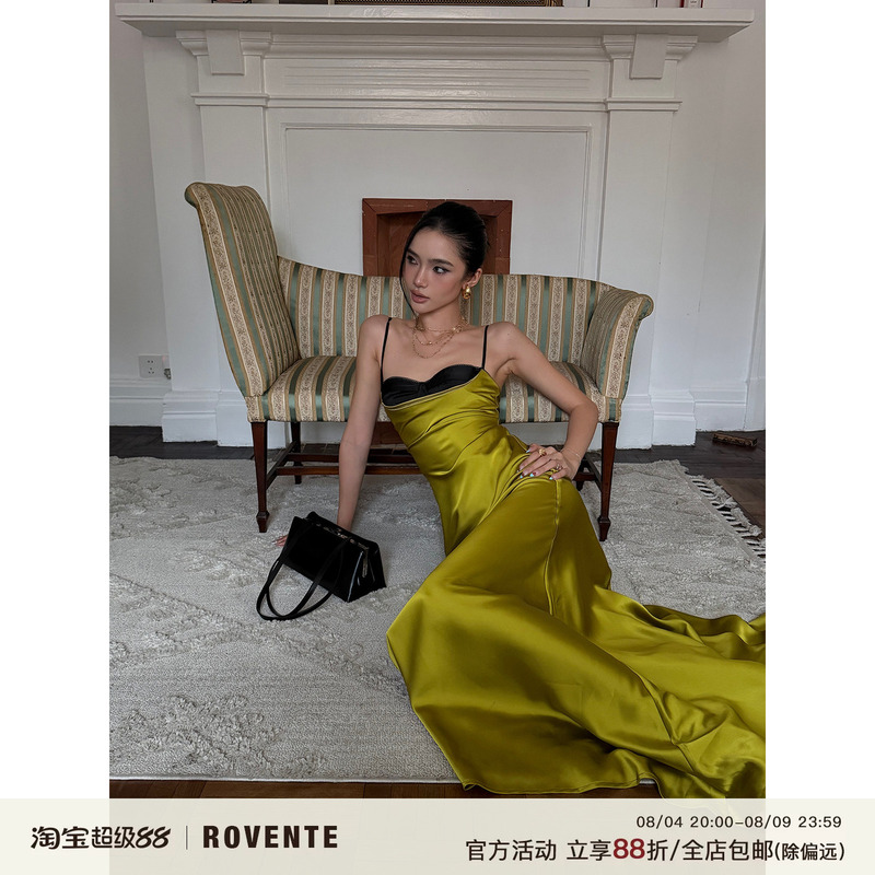 Rovente Cool Satin Shadow Green Satin Slip Dress Women's Slim-Fit Waist-Hugging Bodycon Dress Fishtail Long Dress