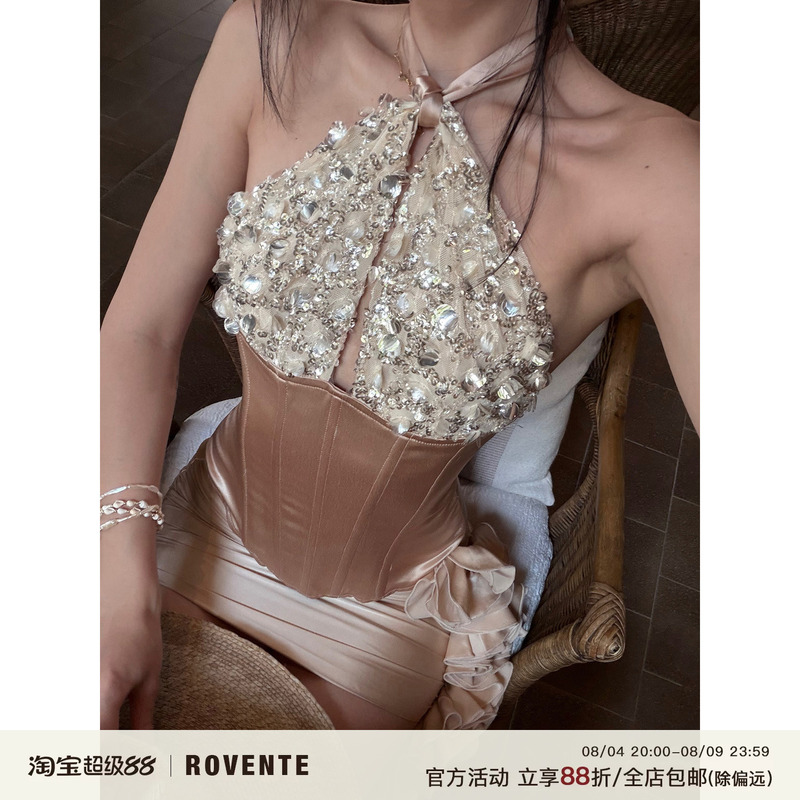 Rovente Court Apricot Sequin Halter Neck Camisole Women's Fishbone Bra Birthday Dress Top Rovente Court Apricot Sequin Halter Neck Camisole Women's Fishbone Bra Birthday Dress Top
