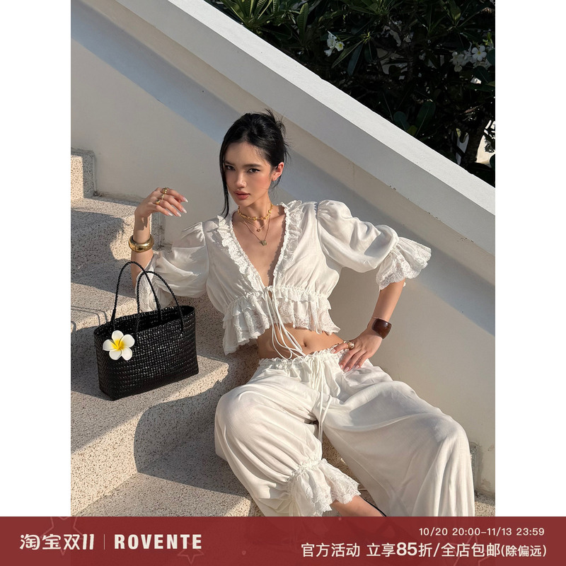 Rovente Southern French White Gardenia White Lyocell Loose Lace Trim Shirt Women's Summer Cardigan Short Top Rovente Southern French White Gardenia White Lyocell Loose Lace Trim Shirt Women's Summer Cardigan Short Top