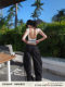 Rovente American Style Black Long Casual Pants for Women, Loose-Fitting Floor-Length Straight-Leg Low-Waist Cargo Pants