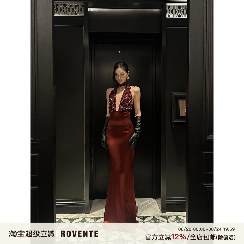 Rovente Burgundy Evening Red Halter Sequin Dress Deep V Sexy Backless Gown Bodycon Long Dress Rovente Burgundy Evening Red Halter Sequin Dress Deep V Sexy Backless Gown Bodycon Long Dress