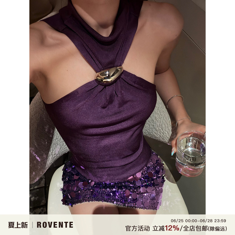 Rovente Wild Roland Purple High Neck Halter Neck Camisole Women's Summer Vintage Waist-Cinching Off-Shoulder Hot Girl Top