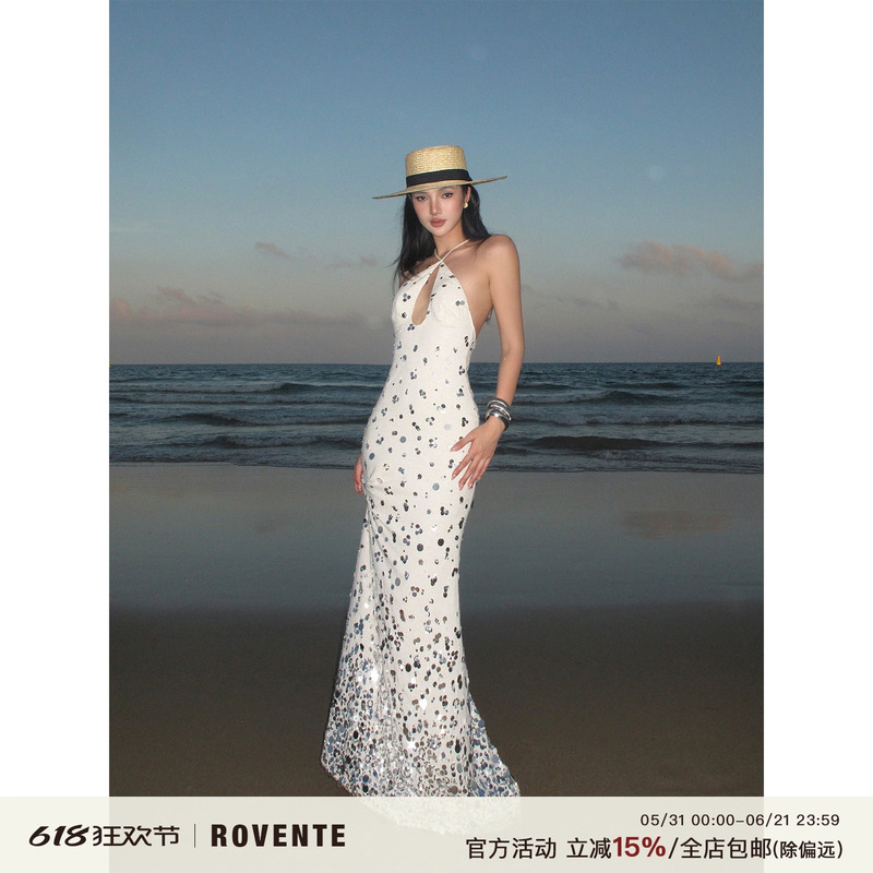 Rovente Starry Coast Heavy Sequin Mermaid Dress Beach Vacation Long Linen Halter Neck Strap Dress