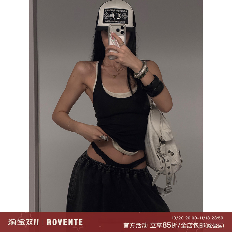 Rovente Ma Dou Official Linen Black and White Color Block Two-Piece Camisole for Women, Tight Sleeveless Top