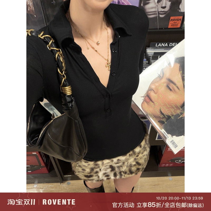 Rovente Modeling Thin Silhouette Black Lyocell Polo Collar T-Shirt for Women, Autumn Hot Girl Tight-Fitting Waist-Cinching Knit Top