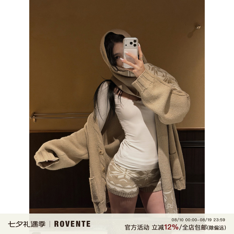 Rovente Southern France Reverie Fair Isle Cardigan Sweater Women's Autumn and Winter Loose Knit Coat Christmas Style Set