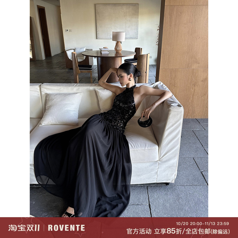 Rovente Dark Night Muse Black Sequin Dress Summer High-End Halter Neck Sleeveless Backless Long Dress