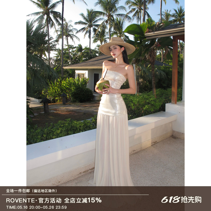 ロベンテの海辺の休日のロングスカート、夏の高級な女性用モップメッシュスカート、チューブトップ、スパンコールドレス、女性用