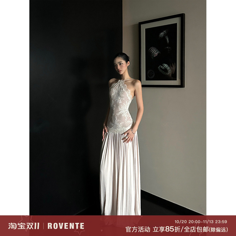 Rovente Lace Patchwork Spaghetti Strap Dress, Elegant Socialite Holiday Birthday Dress, Waist-Cinching Backless Long Dress Rovente Lace Patchwork Spaghetti Strap Dress, Elegant Socialite Holiday Birthday Dress, Waist-Cinching Backless Long Dress