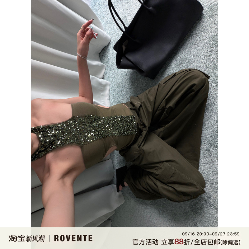 Rovente Green Field Forbidden Zone Green Halter Neck Camisole Women's Summer Slim Fit Sequin Patchwork Hollow Out Top