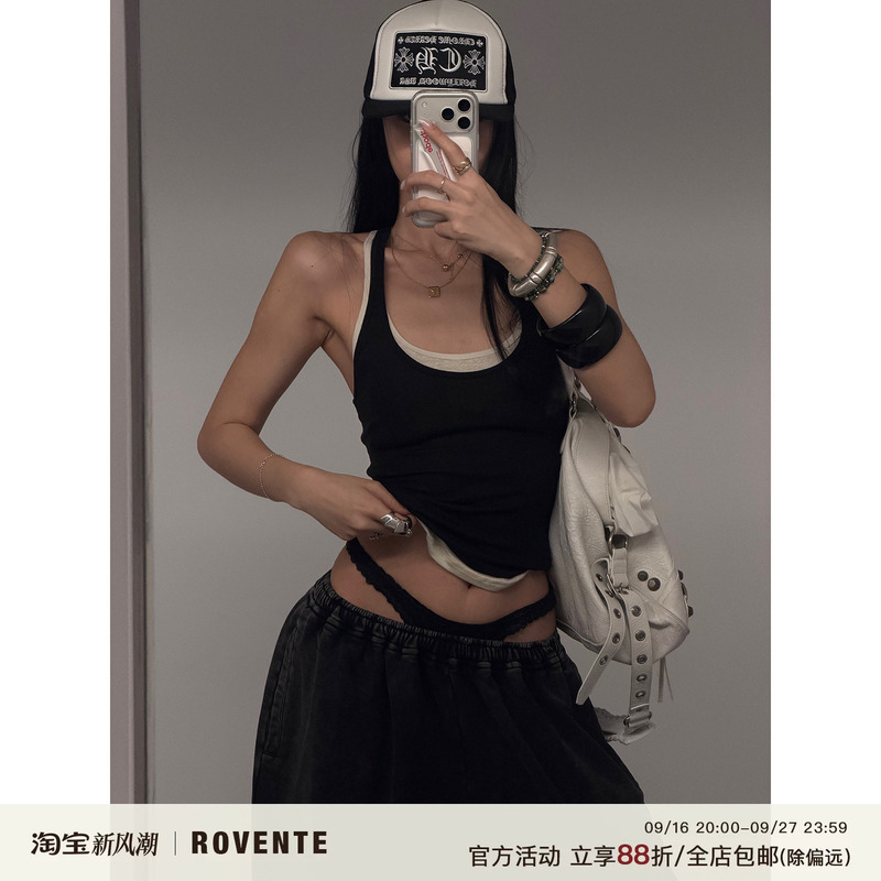 Rovente Ma Dou Official Linen Black and White Color Block Two-Piece Camisole for Women, Tight Sleeveless Top Rovente Ma Dou Official Linen Black and White Color Block Two-Piece Camisole for Women, Tight Sleeveless Top